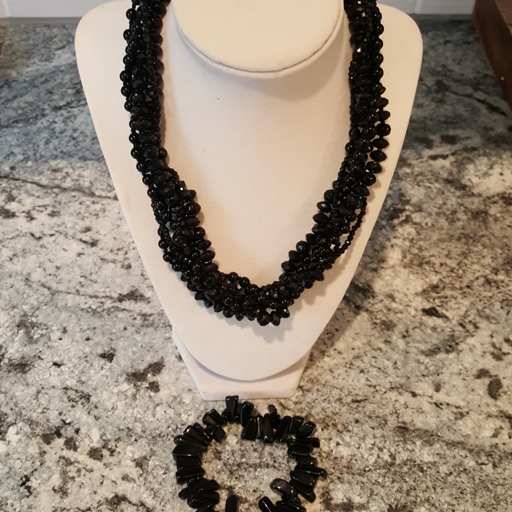 Multi Stranded Black Obsidian Stone Necklace And … - image 1